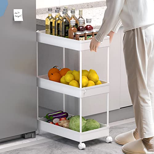 SPACELEAD White 3-Tier Rolling Cart with Wheels & Adjustable Shelves - Storage Organizer for Office, Bathroom & Kitchen