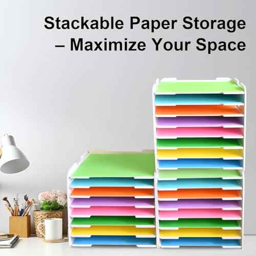 12x12 Paper Organizer, 8-Tier Scrapbook Paper Storage, Stackable Desktop File Holder for Home, Office, Classroom, and Craft Room