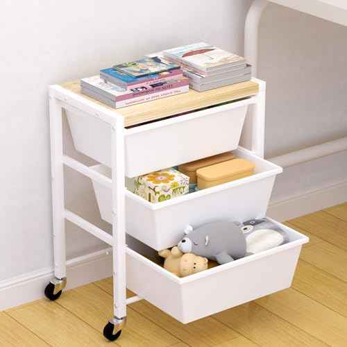 Rolling Cart with Drawers, Rolling Storage Cart with 3 Large Plastic Drawers & Wooden Tabletop, Utility Cart for Living Room, Classroom, Bedroom, Office