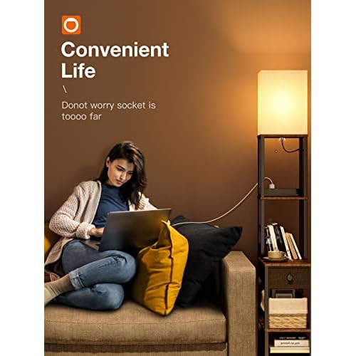 addlon Floor lamp with 2 USB, 1 Outlet and Drawer, 3 Color Temperatures LED Bulb (9W), Sofa lamp with White lampshade, Display Floor lamp with Shelves for Living Room, Bedroom and Office - Brown