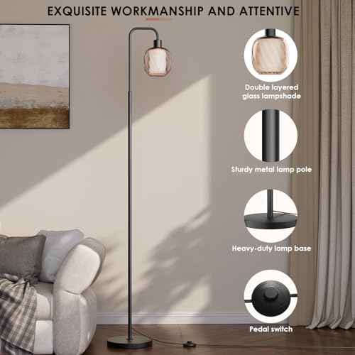 Glass Floor Lamps for Living Room, Modern Standing Lamp with Ceramic & Champagne Gold Ribbed Glass Lampshade, Pedal Switch, 65" Black Industrial Floor Lamp for Bedroom Study Room (with LED Bulb)