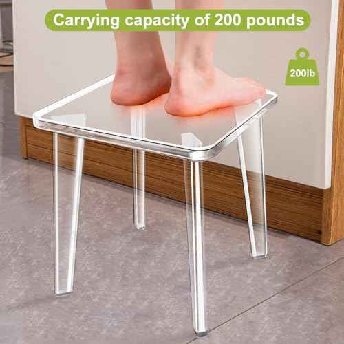 Acrylic Stool,Squre Shower Stools with Non-Slip,12 X 12 X 9.8 in Acrylic Plant Stand for Office Bathroom Living Room,Capacity 200 lbs