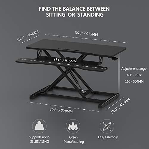 FITUEYES Height Adjustable Standing Desk 36¡± Wide Sit to Stand Converter Stand Up Desk Tabletop Workstation for Laptops Dual Monitor Riser Black SD309101WB