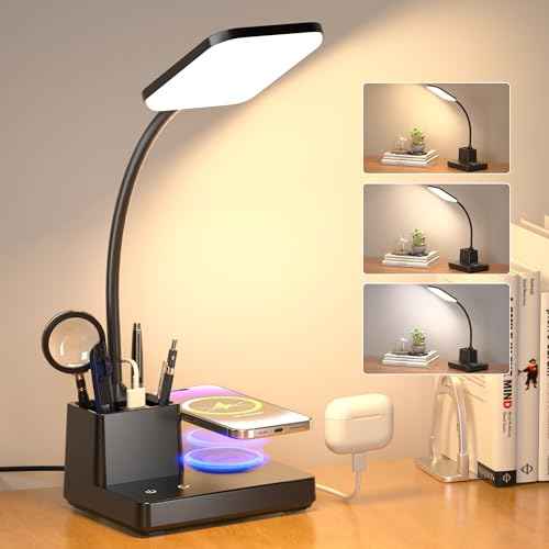 Sailstar Desk Lamp, Table Lamp with Wireless Charger & USB Port, 800LM CRI95 3 Color Modes Dimmable Touch 360¡ÆGooseneck Pen Holder, LED Desk Lamps for Home Office, College Dorm Room, Adapter Included
