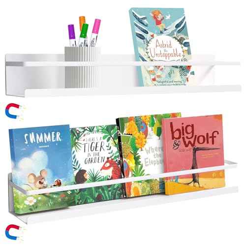 2 Pcs Magnetic Metal Book Shelves, 15.7'' x 2.7'' x 2.7'', Special for Whiteboard, Classroom and Fridge Storage, Holds up to 12 lbs