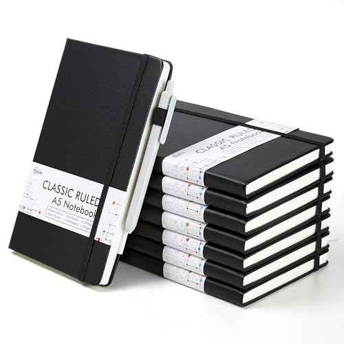 feela 8 Pack Journal Notebook Bulk for School, Hardcover Business Notebooks Classic Ruled Lined Journals with Pen Holder for Work Note Taking, with 8 Black Pens, 120 GSM, 5.1¡±x8.3¡±, A5, Black