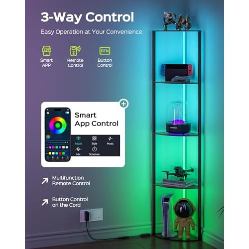JACKYLED 5-Tier Corner Display Shelves, RGB Led Floor Lamp Corner Storage for Books Perfume Shelf with Light, Remote and App Control Music Sync Scheduled On/Off Tall Curio Cabinet
