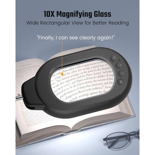 Magnifying Desk Lamp, 10X Square Magnifying Glass with Light and Stand, Dimmable LED Magnifier Lamp with Clamp and Base, Adjustable Swing Arm Light for Close Work, Reading, Crafting, Black