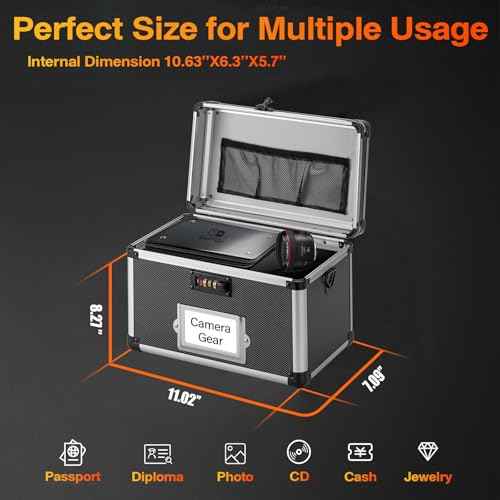 11" x 7" x 8.3"Black Lockable Storage Box w/Combination Lock - Portable Safe & Medicine Lock Box w/Label Slot, Secure for Docs, Medicine, Cash, Valuables | Ideal for Home & Office & Travel
