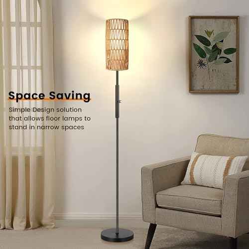 PARTPHONER Boho Floor Lamp for Living Room with 3 Color Temperatures LED Bulb, Standing Lamp Tall Lamp Reading for Bedroom, Office, Kids Room (9W LED Bulb, Rattan & Fabric Shades Included)