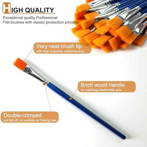 1/2 inch Flat Paint Brushes for Acrylic Painting,40-Pack Small Paint Brushes Bulk with Wooden Handle for Acrylic, Watercolor, Oil, Crafts, Face Body Art