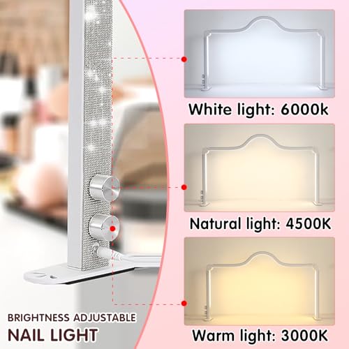 Half Moon Foldable LED Nail Tech Lamp for Desk, 35inch Adjustable 3000K-6000K Dimmable Manicure Table Lamp with Phone Holder (White)