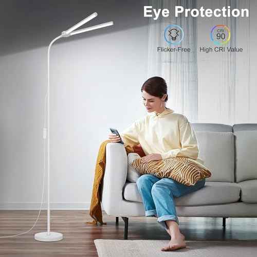 White Floor Lamp, 15W/1800LM Bright LED Floor Lamp for Living Room, Adjustable Gooseneck Dimmable Standing Office Task Lamp for Reading, Study, Eye Caring Lash Light for Sewing Tatoo Facial Spa