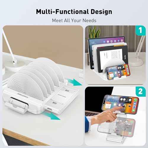 Vertical Laptop Stand for Desk, Adjustable Multi-Device Organizer 6 in 1 Removable Portable Phone Stand, 360¡Æ Rotating Base, Compatible with MacBook, iPhone, iPad, Tablets (White)