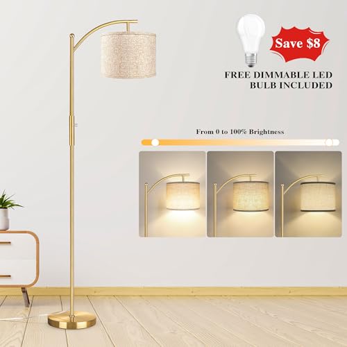 Dimmable Floor Lamp, Arc Floor Lamps for Living Room, Stepless Dimming Modern Standing Lamp with Linen Shade, Tall Lamp for Bedroom Office Dining Room- Brushed Gold