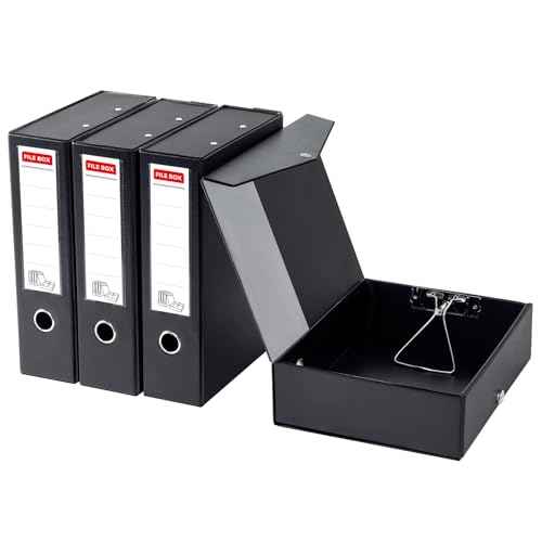 Storage File Boxes 4 Pack, Foldable Archives Cases with Clip, 88mm Spine, File Boxes with Magnetic Closure, Plastic Document File Organizer Storage, Black