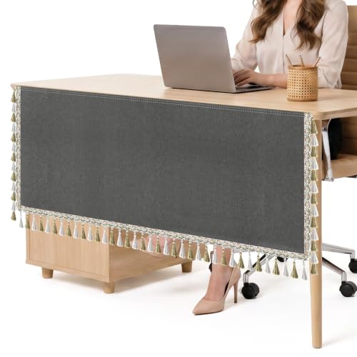 HolyMaji 48" Linen Under Desk Privacy Panel with Tassel Border – Self-Adhesive Modesty Screen (Grey)