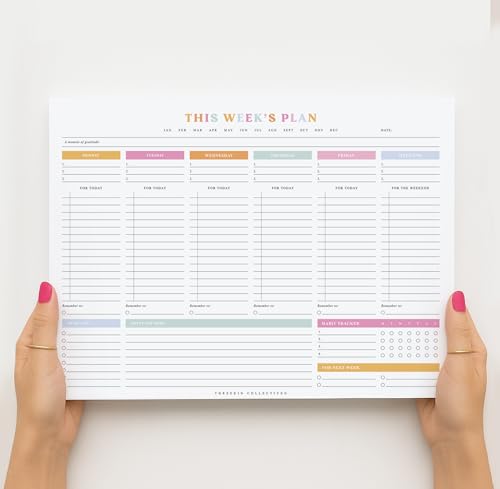 ThreeKin 8.5 x 11 Colorful Weekly Planner Tear-Off Notepad - Premium 52 Sheets, Undated, For Work, School & Projects, USA Owned