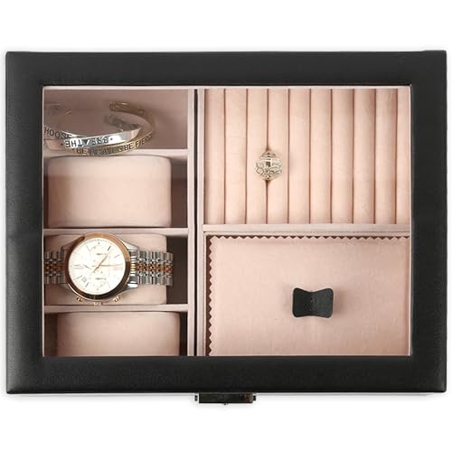 Natico Originals Multi-Compartment Jewelry Box Storage w/Glass Lid and Clasp Closure, Accessories Case for Watches Bracelets Rings Earrings Cufflinks (100-102403)