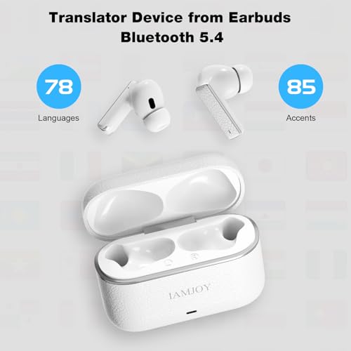 IAMJOY Language Translation Earbuds, 163 Language & Accents Two-Way Translator Device Built-in 6 Mics, 42dB Hybrid Dual Noise Cancelling Earbuds for Travel Business Learning, White