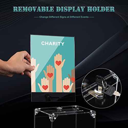 KYODOLED Large Tall Acrylic Donation Box with Slot and Lock, Clear Ballot Box with 6"x8" Sign Holder Storage Container for Voting, Raffle,Tip Jar, 6.7"x5.23"x8"