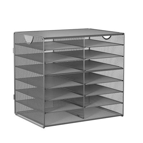 EasyPAG Paper Trays for Classroom 14 Tier Mesh Desk Organizer Shelves with Handle A4/Letter Size File Folder Organizer Shelf for Office, School, Home, Silver
