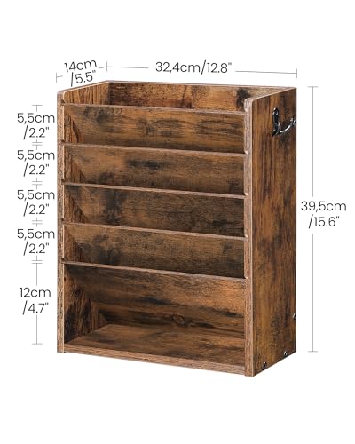 Rustic Brown 6-Tier Wall File Organizer with Side Hooks - Vintage Desk Storage