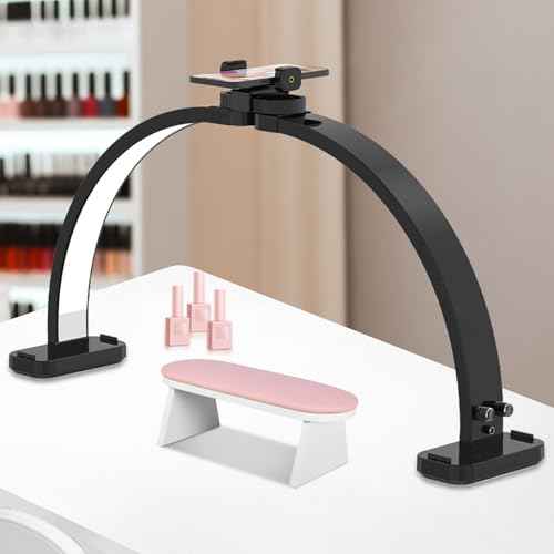 FAHKNS Half Moon Light for Nail Desk with Phone Holder, Upgraded 28-inch Foldable Half-Moon Lamp, LED Light for Manicure, Eyelash Extension, Tattooing, Craft, Black