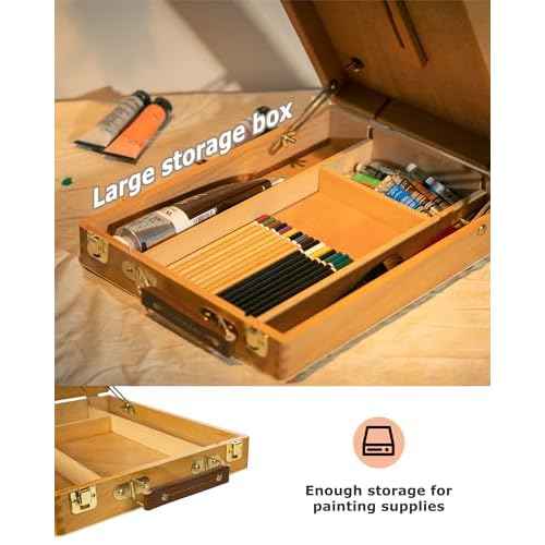 DJAR Tabletop Easel for Painting, Solid Beech Wood Adjustable Sketchbox Desktop Art Easel, Art Supplies Storage Box for Adults, Artists and Students, Natural