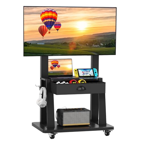 Aokitsink Mobile TV Stand with Drawer, 23-75" TV Cart Black, Heavy Duty, 2-Tier Shelves, 600x400mm VESA, Height Adjustable