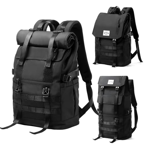 Rolltop Backpack for Men Flap Rucksack Expandable Fits 17 inch Laptop Roll Top Backpack for Commute Travel Hiking Urban Black (3 in 1)