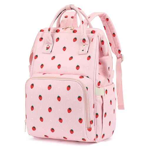 College Laptop Backpack, Travel Backpack for Women, Corduroy Casual Daypack, School Backpack Bookbag for Girls (Pink Corduroy Strawberry)
