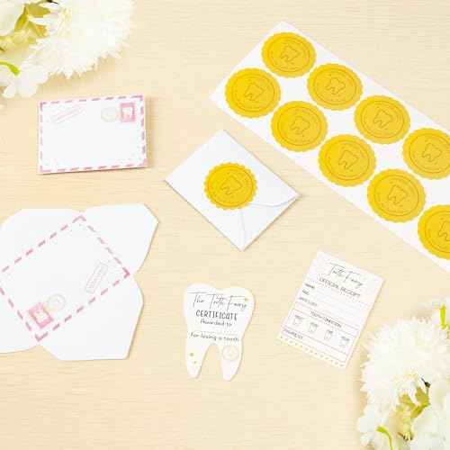 Mini Tooth Receipt Set - 20 Set Pink Tooth Cards with Envelope and Fairy Letter for Kids, Lost Teeth Certificate Keepsake Postmark Gift Bag with Seal Stickers for Girls Boys Home School Award