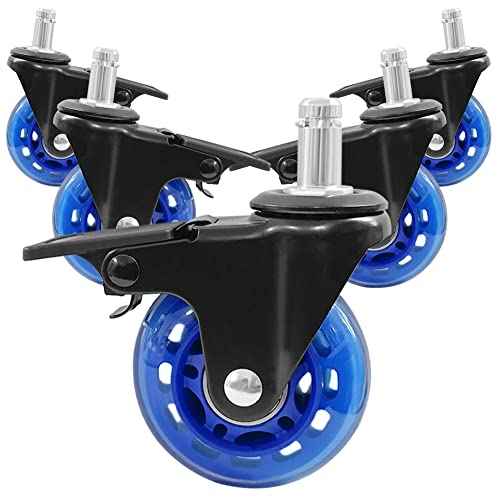 Office Chair Wheels with Brake, Wheels Smooth Rolling Heavy Duty Casters Safe for Hardwood Floors & Carpet, Replacement Rubber Chair Casters Smooth & Quiet Universal Stem 7/16" Blue Set of 5