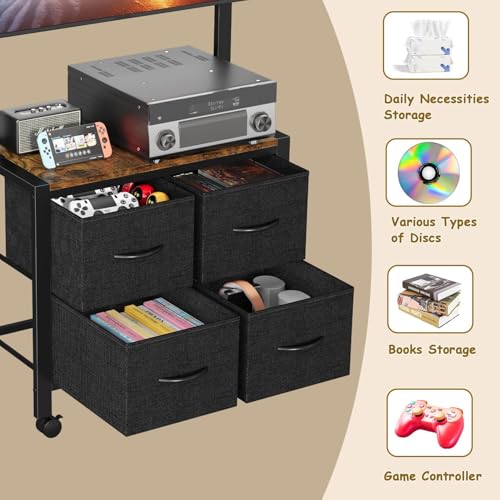 Cottage Charm Black Mobile TV Cart for 23-65 inch TVs, 88 lb load, with 4 Fabric Drawers & Wood Shelf