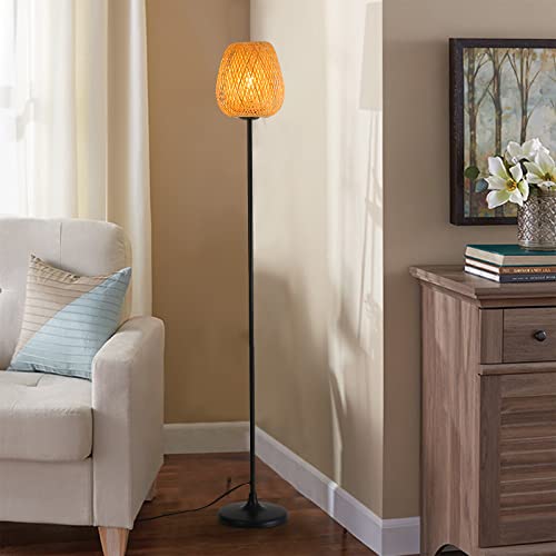 Bamboo Rattan Floor Lamp for Living Room, Boho Ambient Light Contemporary Plug in Cord Switch Standing Lamp Wicker Japanese Style E26 Lights for Bedrooms Living Room(Excluded Bulb)