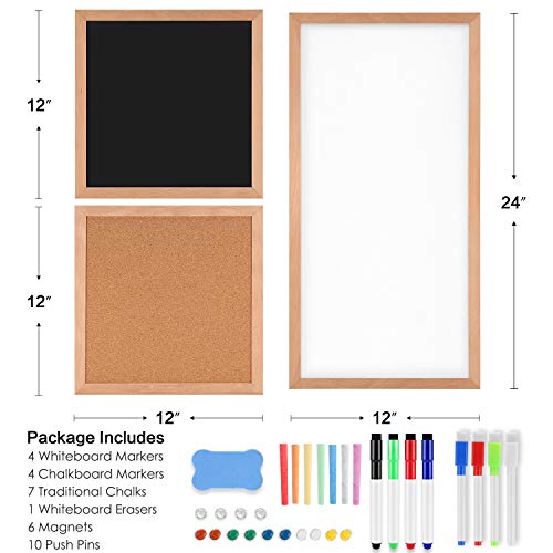 Magnetic Dry Erase White Board/Chalkboard/Cork Board, 3 in 1 Combination Board with Real Natural Wood Frame, 12" X 12" and 24" X 12"¡¦