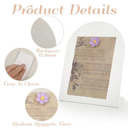 Magnetic Bulletin Board Set with Purple Flower Magnets, 11x7.86 Inch White Metal Memo Display for Home Office Kitchen