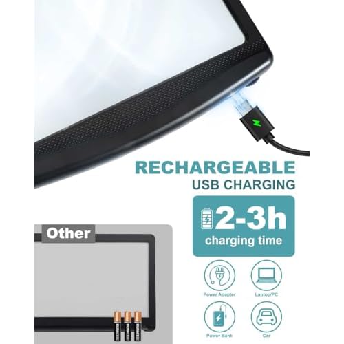 5X Rechargeable Magnifying Glass for Reading, Large Bright LED Lighted Full Page Magnifier, Lightweight Rectangular Handheld Magnifier with Light for Reading Small Prints for Seniors, Low Vision