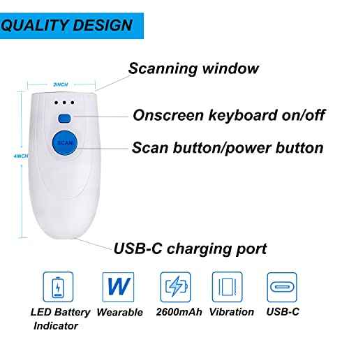 TEEMI Mini 2D QR Code Reader Bluetooth Barcode Scanner with Charging Dock & Data Receiver, Handheld Barcode Scanner with Neck Wrist Lanyard, Compatible with iPhone, iPad, Android, Tablet, iOS (White)