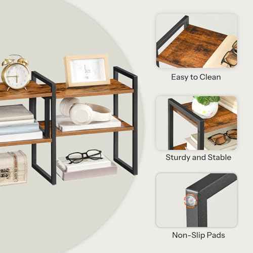 HOOBRO Desk Shelf Organizer, Adjustable Desktop Bookshelf, 2-Tier Shelf for Top of Desk, Wooden Office Storage Rack, for Office, Study, Kitchen, Dorm, Rustic Brown and Black BF39SJ01