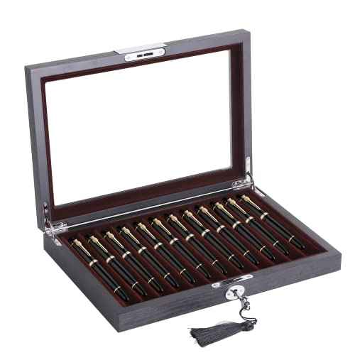 Wood Pen Display Box Luxury Fountain Pen Collector 12 Slot Storage Organizer Case with a Key (1 Layer)