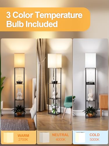 PARTPHONER Black Floor Lamp with Shelves - Modern Corner Standing Organizer, 3 CCT LED Bulb, Linen Shade, 63-inch Tall