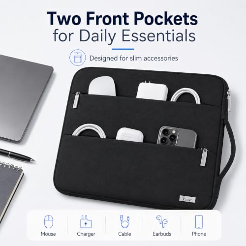 Voova 13-13.6 Inch Water-Resistant Laptop Sleeve with Front Pockets, Black