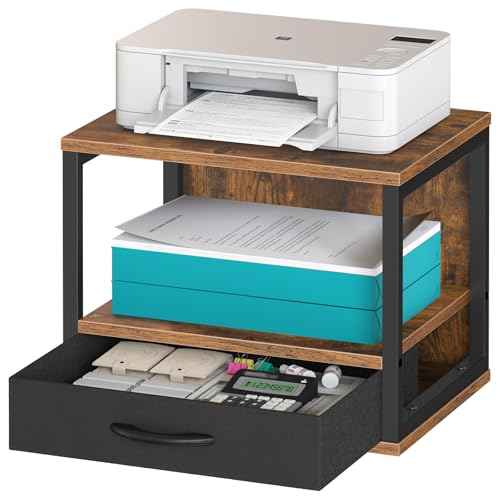 HOOBRO 2-Tier Desktop Printer Stand with Drawer, Under-Desk Printer Table with Storage Shelf, for Home Office, Kitchen, Fax Machine, Scanner, Rustic Brown BF07PS01