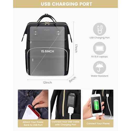 LOVEVOOK Laptop Backpack for Women, Travel with Compartment, Water Resistant Teacher Nurse Backpack, Anti-theft Back Pack Charger Work Doctor, 15.6-Inch, Black