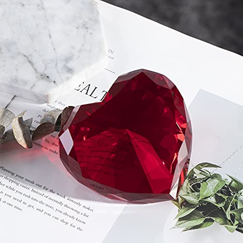 Qianwei Red Heart-Shaped Crystal Diamond Paperweight 80mm Gift for Women & Anniversary