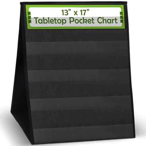 Essex Wares ? 1 Pack - 13" Wide x 17" Tall Tabletop Pocket Chart, Black - Double Sided with 5 Straps Each- Ultra-Durable Pocket Chart Stand for Classroom - Easy to Use, Reusable & Foldable