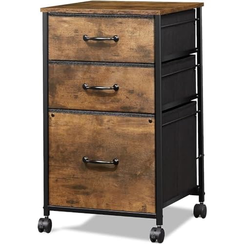 DEVAISE Mobile File Cabinet, Rolling Printer Stand with 3 Drawers, Fabric Vertical Filing Cabinet fits A4 or Letter Size for Home Office, Rustic Brown Wood Grain Print