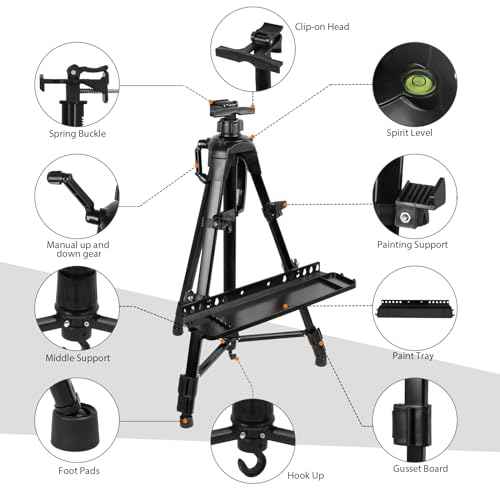 Art Easel Aluminum Alloy Portable Extendable Easel with Hand Crank Adjustable to 61.8 '' Drawing Board Holder, Compass, Level and Storage Bag -for Artists, Painters, Sketching, Outdoor Painting